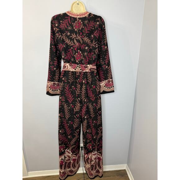 One September Jumpsuit  Wide Leg Wrap Bodice Embroidered Black Burgundy Boho XS - Picture 4 of 14